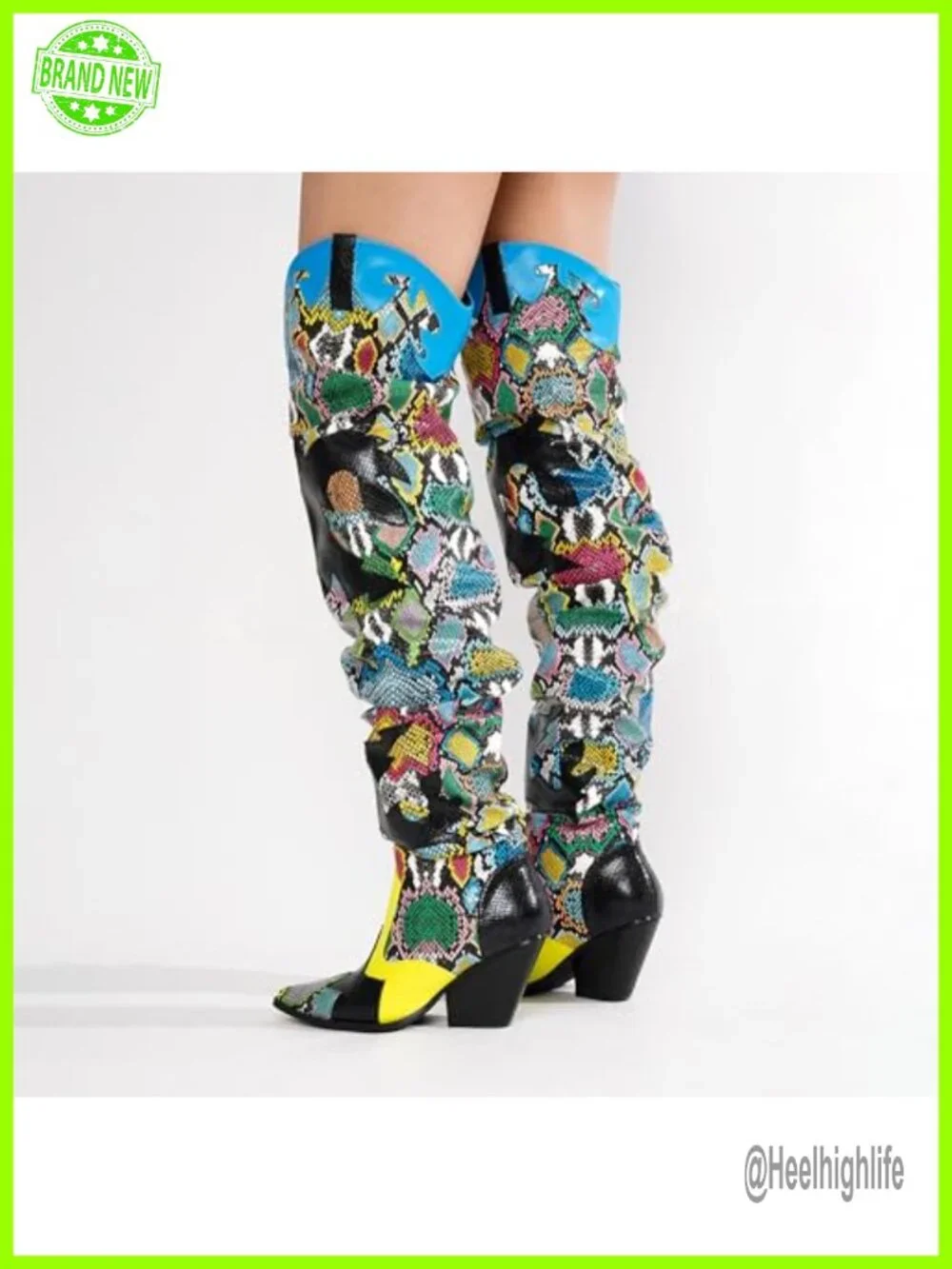 Thigh High Cowboy Boots Chunky Heel Faux Snakeskin Western Booties Slip